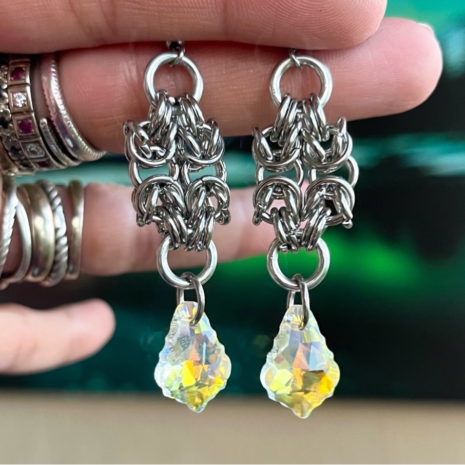 Handmade Maille Dangly Stainless Steel Earrings Yellow Rainbow Austrian Crystals